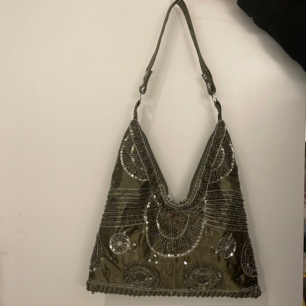 NWOT: moss green beaded and sequin shoulder bag